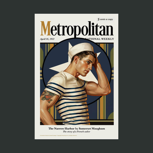 Vintage magazine cover in the Leyendecker style with a handsome sailor and tattooed arm, featuring the title 'Metropolitan National Weekly'.