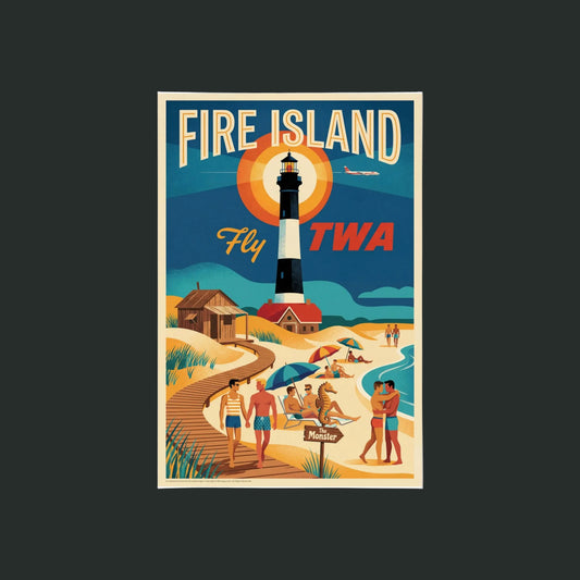 Vintage-style poster of Fire Island with a lighthouse and beach scene, featuring TWA branding.